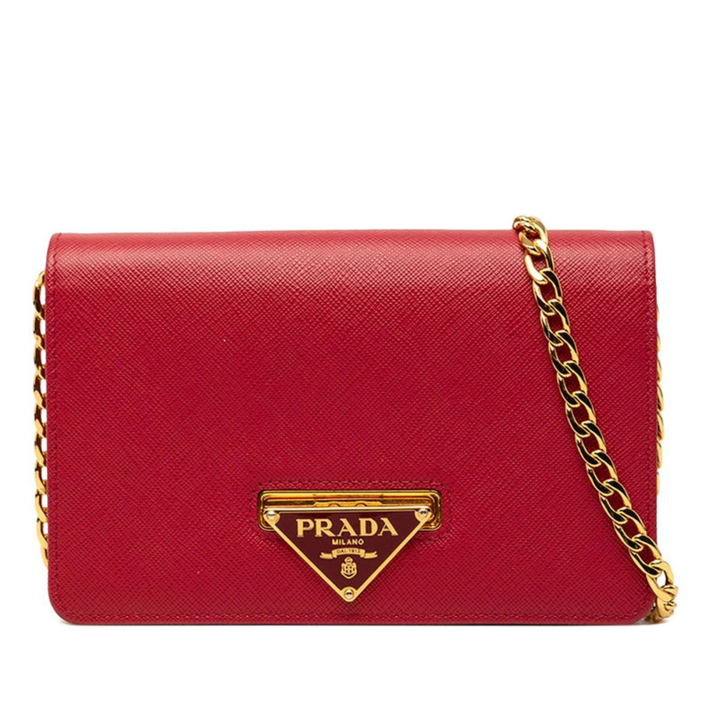 Prada Triangle Plate Chain Wallet Crossbody Bag Red Saffiano Leather Lettered